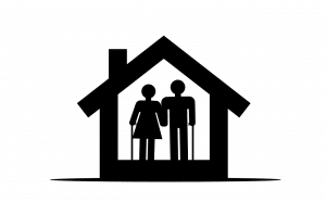 house outline with silhouette of two people inside of it with canes