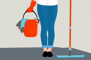 illustration of a person carrying a bucket with cleaning supplies and a mop