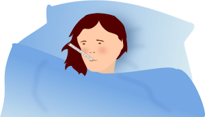 illustration of a woman in bed with a thermometer in her mouth