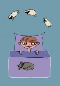 illustration of woman who can't sleep with sheep over her head
