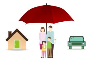 an umbrella wuth a family under it and a house and car on each side.