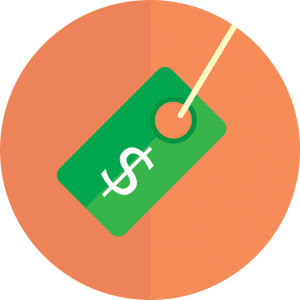 orange circle with a green price tag and a money sign on it