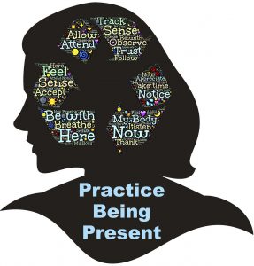 silhouette of a woman's head with words inside that says "practice being present"