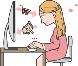 illustration of a woman looking at a computer screen with a shopping cart and money between her and the screen.