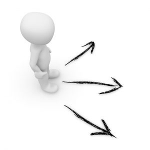 white drawing of a person with 3 arrows pointing in different directions
