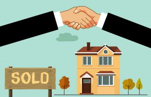 illustration of hands shaking with a sold sign and a house underneath the hands
