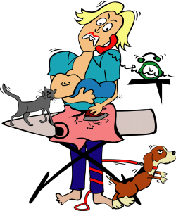 illustration of a woman on the phone, feeding a baby, while ironing a shirt.