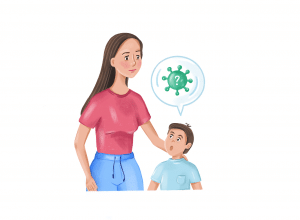 illustration of a woman with her hand on a boys head and the boy had a speech bubble with a virus in it