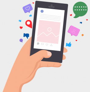 illustration of a phone with chats and likes and hearts around it