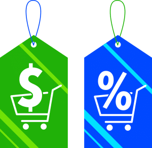 a green tag with a money symbol on it and a blue tag with a discount sign on it