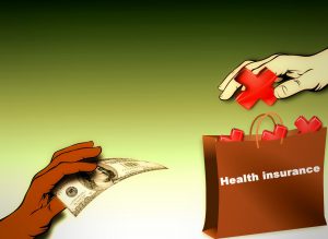 illustration of a hand with money in it handing it to another hand with a red cross in it