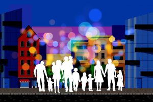 extended family silhouettes with a city background