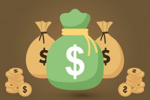 money bags, one green and the other two tan colored