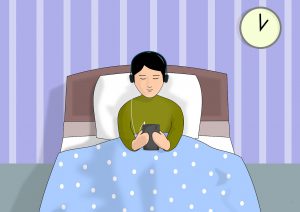 illustration of a woman sitting in bed with headphones on while looking at her phone