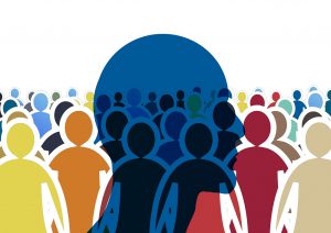 illustration of person's head with people all around it