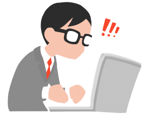 illustration of a man with glasses on looking at a laptop with exclamation points 
