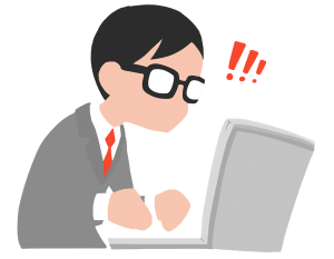 illustration of a man with glasses on looking at a laptop with exclamation points
