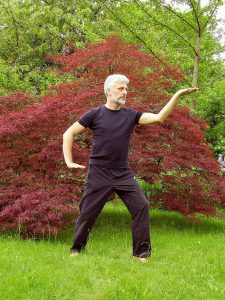 older man in a park practicing tai chi