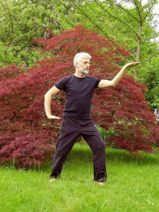 older man in a park practicing tai chi