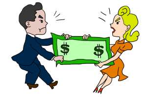 illustration of a man in a suit tugging at money with a woman in a dress on the other side