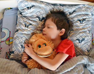 young caucasian boy sleeping while holding a stuffed monkey