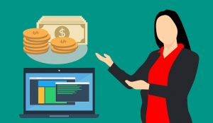 illustration of a woman pointing towards money and statistics next to her
