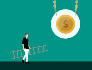illustration of a person holding a ladder walking to a dollar sign being held up high