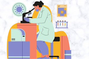 illustration of a woman in a lab coat looking through a microscope
