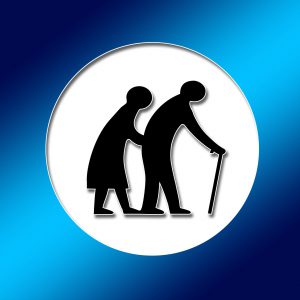 silhouette of 2 people with a cane in a white circle