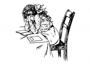 illustration of a girl sitting at a desk with her hands over her face