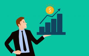 illustration of a man in a suit with a graph going upwards and a coin money sign above the graph