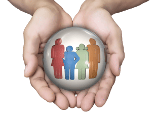 illustration of a family of 4 in a bubble with hands holding the bubble