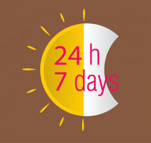 half sun and half moon with the words 24 h and 7 days in the middle