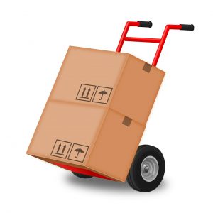 moving boxes on a red hand truck