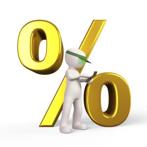 discount symbol in gold with a character in front of it with a calculator