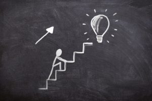 chalkboard with a drawing of a stick figure climbing up stairs towards a light bulb on top