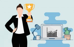 illustration of a woman holding an award with a computer in the background with a graph on it going up