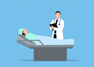 illustration of a man laying in a hospital bed with a doctor standing next to him