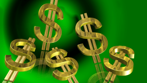 gold money signs with a green background