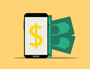 illustration of a cell phone with a money sign on it and dollar bills behind it
