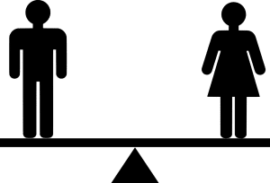 silhouette of a woman on one side of a scale and man on the other side balanced.