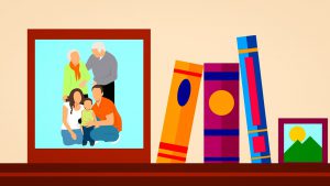 illustration of a family in a picture frame on a shelf with books