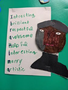 drawing of a person with their name spelled out and words identifying each letter.