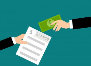illustration of an invoice being handed to another hand tats holding money