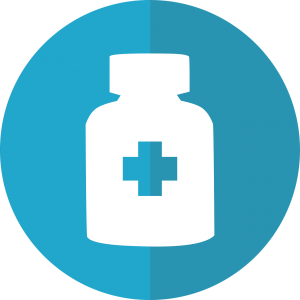 illustration of a white prescription bottle with a blue cross in the middle and blue circle around it
