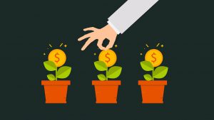 illustration of a hand picking a coin from a plant with 2 others next to it