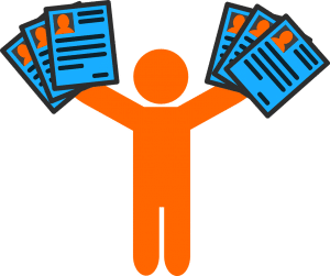 illustration of an orange person holding up multiple resumes