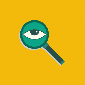 magnifying glass with an eye in the middle and a yellow background