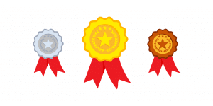 different colored badges, one silver, one gold, and one bronze