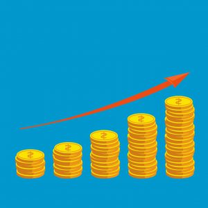 coins lined up next to each other going higher each time with a red arrow above them going upward